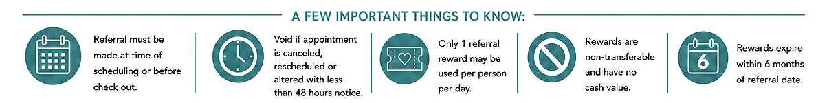 Infographic of important things to know regarding the referral program; also stated in the content below for the guidelines and disclaimers.